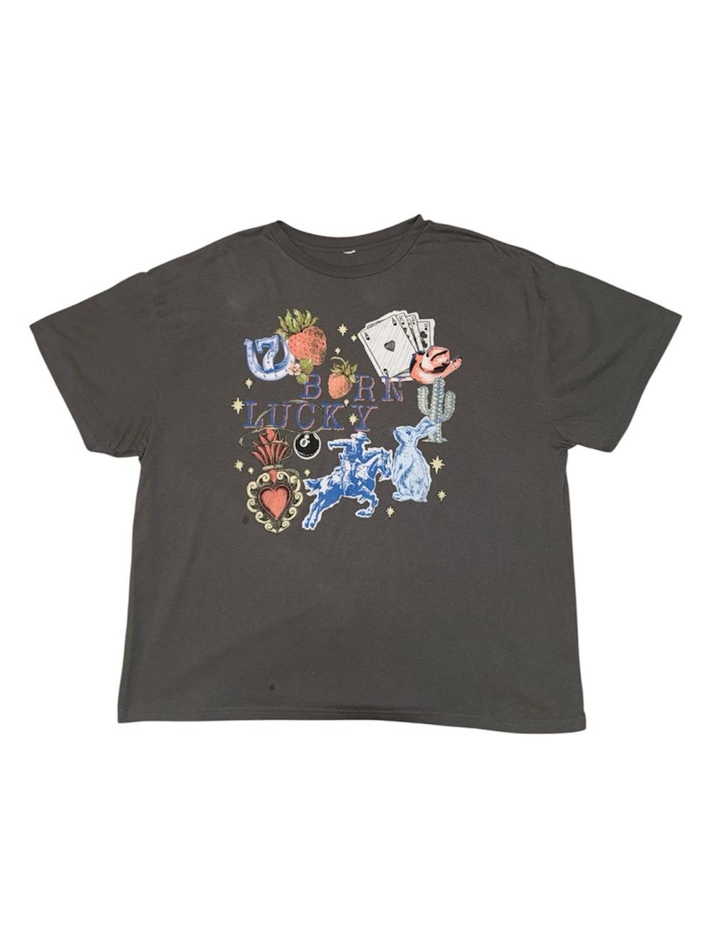 Five Below Born Lucky Graphic Tee Dark Gray Western Cowboy Lucky Charm
